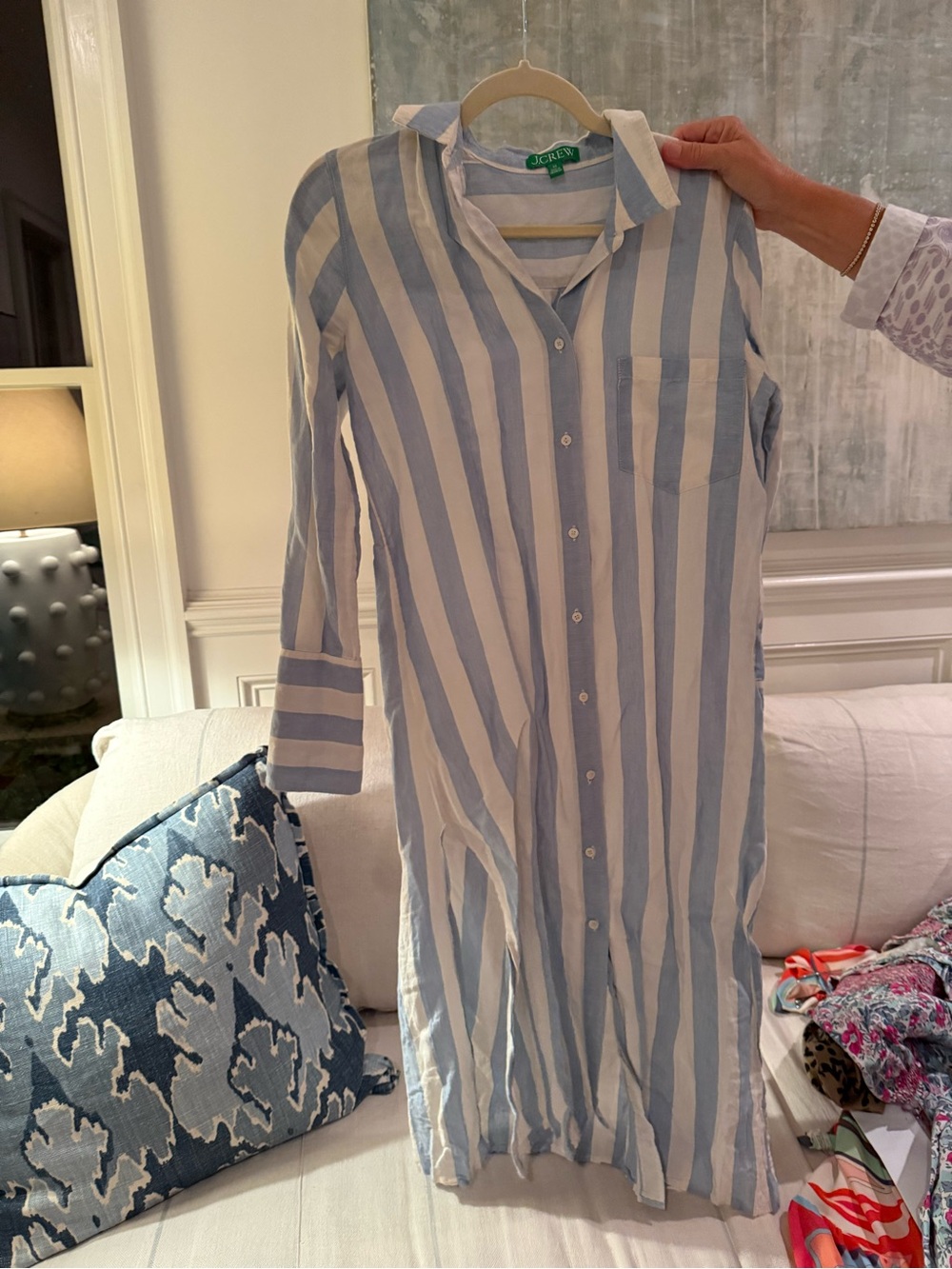 J. Crew Blue and White Vertical Stripe Shirt Dress